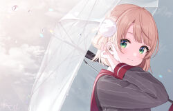 Rule 34 | 1girl, black shirt, blonde hair, blush, commentary request, green eyes, highres, holding, holding umbrella, indie virtual youtuber, long sleeves, looking at viewer, looking to the side, outdoors, red sailor collar, sailor collar, shigure ui, shigure ui (vtuber), shigure ui (vtuber) (1st costume), shirt, smile, solo, striped clothes, striped shirt, transparent, transparent umbrella, umbrella, upper body, wireless earphones