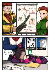 Rule 34 | 2boys, 2girls, 2koma, ass, beret, blank eyes, blonde hair, blue eyes, braid, breasts, brown hair, cammy white, comic, commentary, cone hair bun, content rating, covered erect nipples, double bun, drooling, english commentary, english text, explosive, facial scar, fingerless gloves, gloves, grenade, hair bun, han juri, hanging, hat, hershuar, highleg, highleg leotard, impossible clothes, impossible leotard, leotard, low twin braids, medium breasts, multiple boys, multiple girls, paper, pen, rolento, scar, scar on cheek, scar on face, seth (street fighter), sign, sleep mask, sleeping, smile, street fighter, street fighter iv (series), sweat, thong leotard, twin braids
