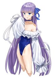 Rule 34 | 1girl, bare shoulders, blue eyes, blue one-piece swimsuit, blue ribbon, blunt bangs, breasts, choker, closed mouth, collarbone, covered navel, fate/grand order, fate (series), frills, hair between eyes, highleg, highleg swimsuit, highres, licking lips, long hair, long sleeves, looking at viewer, meltryllis, meltryllis (fate), meltryllis (swimsuit lancer) (fate), meltryllis (swimsuit lancer) (second ascension) (fate), michihasu, one-piece swimsuit, puffy sleeves, purple hair, ribbon, simple background, sleeves past fingers, sleeves past wrists, small breasts, smile, swimsuit, tongue, tongue out, very long hair, white background