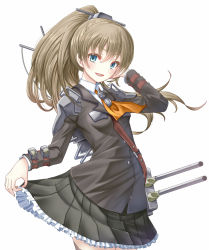 Rule 34 | 1girl, :d, ascot, black thighhighs, blue eyes, brown hair, brown jacket, brown skirt, cowboy shot, floating hair, frilled skirt, frills, hair between eyes, hand in own hair, high ponytail, jacket, kantai collection, kumano (kancolle), long hair, long sleeves, looking at viewer, military jacket, miniskirt, open mouth, pleated skirt, simple background, skirt, skirt hold, smile, solo, standing, thighhighs, very long hair, white background, yatsu seisakusho, yellow ascot, zettai ryouiki