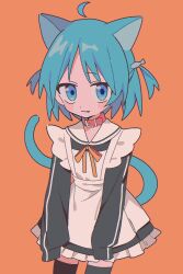 Rule 34 | 1girl, ahoge, animal collar, animal ears, black dress, black thighhighs, blue eyes, blue hair, blush stickers, cat ears, cat girl, cat tail, collar, cowboy shot, dot nose, dress, fang, fish hair ornament, frilled dress, frills, hair ornament, highres, long sleeves, maid, orange background, orange ribbon, original, ribbon, sailor collar, short hair, sleeves past fingers, sleeves past wrists, solo, standing, tail, thighhighs, two side up, umipi, white sailor collar, zettai ryouiki