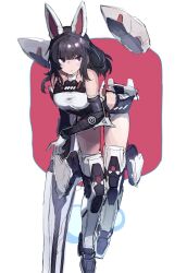 Rule 34 | animal ears, armored boots, bent over, black hair, bodysuit, bodysuit under clothes, boots, elbow gloves, floating, floating object, floating weapon, gloves, highres, huanxiang huifeng, pout, rabbit ears, simple background