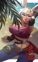 Rule 34 | 1girl, animal ears, arm up, armpits, warrior of light (ff14), beach, belt, belt pouch, blue eyes, breasts, chest tattoo, commission, covered erect nipples, day, elbow pads, eyelashes, final fantasy, final fantasy xiv, fingerless gloves, from above, glasses, gloves, highres, jewelry, large breasts, letterboxed, long hair, looking at viewer, midriff, nanabi (pleasure), navel, necklace, open mouth, outdoors, pants, parted bangs, pouch, rabbit ears, rimless eyewear, sand, silver hair, single strap, sitting, skeb commission, smile, solo, stomach, tank top, tattoo, viera, water