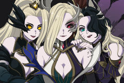 Rule 34 | 3girls, :d, ahri (league of legends), animal ears, bare shoulders, black background, black gloves, black hair, black sclera, blonde hair, breasts, cleavage, colored sclera, coven ahri, coven morgana, coven zyra, detached sleeves, elbow gloves, facial mark, fangs, feathers, fox ears, fox tail, gloves, green eyes, hair over one eye, hands up, hiyari (hiyarilol), large breasts, league of legends, long hair, long sleeves, morgana (league of legends), multiple girls, open mouth, pale skin, ponytail, red eyes, slit pupils, smile, tail, teeth, upper body, upper teeth only, whisker markings, yellow eyes, zyra
