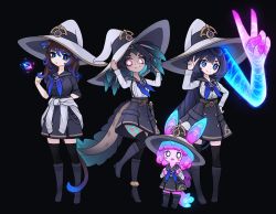 Rule 34 | 4girls, aqua hair, arms up, belt, black background, black footwear, black hair, black legwear, black shirt, black skirt, blue eyes, blue hair, blue neckerchief, boots, gradient hair, hat, height difference, highres, long hair, looking at viewer, multicolored hair, multiple girls, neckerchief, no nose, original, shirt, simple background, skirt, squeaky (artist), thighhighs, v, witch, witch hat