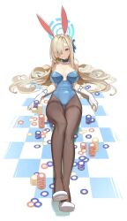 Rule 34 | 1girl, animal ears, asuna (blue archive), asuna (bunny) (blue archive), bare shoulders, blue archive, blue eyes, blue leotard, blue ribbon, blush, breasts, brown pantyhose, cleavage, detached collar, elbow gloves, fake animal ears, gloves, hair over one eye, hair ribbon, high heels, highleg, highleg leotard, highres, large breasts, legs, leotard, light brown hair, long hair, looking at viewer, mole, mole on breast, pantyhose, playboy bunny, poker chip, rabbit ears, ribbon, sitting, smile, solo, thighband pantyhose, timbougami, very long hair, white gloves