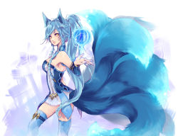 Rule 34 | 1girl, ahri (league of legends), alternate hair color, animal ears, bare shoulders, blue hair, braid, detached collar, detached sleeves, facial mark, fox ears, fox tail, inari, kakip, league of legends, long hair, multiple tails, ponytail, side braid, solo, tail, thighhighs, twin braids, whisker markings, yellow eyes