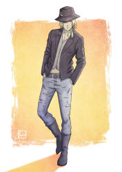 Rule 34 | 1boy, artist name, belt, belt buckle, blonde hair, blue eyes, boots, buckle, crescent moon, denim, evan townshend, final fantasy, final fantasy vii, full body, hands in pockets, hat, highres, jacket, jeans, looking to the side, male focus, moon, nashira (starnashira), navel, pants, pectorals, scarf, solo, square enix, stomach, torn clothes, torn pants, vest