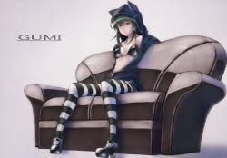 Rule 34 | 1girl, animal hood, bad id, bad pixiv id, bikini, bikini top only, breasts, cat hood, couch, green hair, gumi, hood, hoodie, mary janes, mstm, pink eyes, shoes, short hair, sidelocks, sitting, solo, striped clothes, striped thighhighs, swimsuit, thighhighs, unzipped, vocaloid, zettai ryouiki