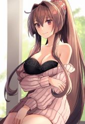 Rule 34 | 1girl, black bra, blush, bra, breasts, brown hair, cleavage, closed mouth, clothes pull, flower, hair between eyes, hair flower, hair ornament, hair scrunchie, highres, kantai collection, kasumi (skchkko), large breasts, long hair, no pants, ponytail, red eyes, scrunchie, sidelocks, sitting, smile, solo, sweater, sweater pull, underwear, very long hair, window, yamato (kancolle)