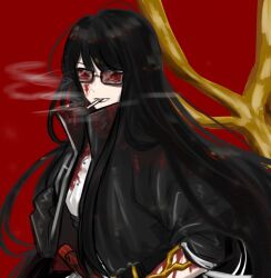 1girl black_coat black_gloves black_hair blood blood_on_clothes blood_on_face cigarette coat contempt_awe_(e.g.o) e.g.o_(project_moon) gloves katana limbus_company long_hair long_sleeves parted_lips project_moon red_background red_eyes ryoshu_(project_moon) ryu61 shirt sidelocks simple_background smoke smoking solo sunglasses sword very_long_hair weapon white_shirt