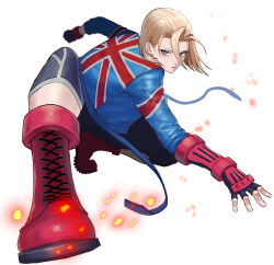 Rule 34 | 1girl, blonde hair, blue eyes, boots, cammy white, highres, lips, long sleeves, pants, scar, scar on face, short hair, street fighter, street fighter 6, union jack, white background, yukimune