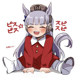 Rule 34 | 1girl, animal ears, blunt bangs, bow, ear bow, facing viewer, gold ship (umamusume), grey hair, highres, horse ears, horse girl, horse tail, long hair, mare ma, open mouth, pillbox hat, simple background, sitting, smile, smock, solo, tail, umamusume, umamusume: peace peace cepea cepea golshi-chan, wariza, white background, white footwear
