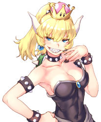 Rule 34 | 1girl, aqua eyes, armlet, armpits, black collar, black nails, borrowed design, bowsette, bracelet, breasts, cleavage, collar, collarbone, colored eyelashes, commentary request, covered navel, crown, earrings, evil grin, evil smile, fingernails, forked eyebrows, grin, half-closed eyes, hand on own hip, hand up, high ponytail, horns, jewelry, large breasts, long fingernails, long hair, looking at viewer, mario (series), nail polish, new super mario bros. u deluxe, nintendo, ojou-sama pose, princess, raika9, sharp fingernails, sharp teeth, sideboob, sideways mouth, silver trim, simple background, skin tight, smile, solo, spiked armlet, spiked bracelet, spiked collar, spiked shell, spikes, strapless, super crown, teeth, thick eyebrows, turtle shell, upper body, white background