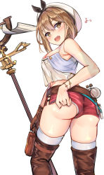 Rule 34 | 1girl, :d, absurdres, atelier (series), atelier ryza, atelier ryza 1, bare arms, bare shoulders, belt, beret, blush, boots, bracelet, breasts, brown eyes, brown footwear, brown gloves, brown hair, cameltoe, camisole, cat, cleft of venus, flask, from behind, gloves, hat, highres, holding, holding staff, holster, jewelry, large breasts, looking at viewer, looking back, muka tsuku, open mouth, red shorts, reisalin stout, round-bottom flask, short hair, short shorts, shorts, simple background, single glove, sleeveless, smile, solo, staff, standing, test tube, thigh boots, thigh holster, thighhighs, thighhighs under boots, white background, white cat, white thighhighs