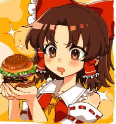 Rule 34 | 1girl, ascot, bare shoulders, blush, bow, breasts, brown eyes, brown hair, burger, commentary request, detached sleeves, drooling, fingernails, food, frilled bow, frilled hair tubes, frilled shirt collar, frills, hair bow, hair tubes, hakurei reimu, hands up, holding, holding food, ishiki nuru, long sleeves, looking at food, medium breasts, medium hair, mouth drool, open mouth, orange background, own hands together, parted bangs, red bow, red vest, ribbon-trimmed sleeves, ribbon trim, simple background, solo, sparkle, touhou, upper body, v-shaped eyebrows, vest, yellow ascot