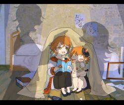 Rule 34 | 1boy, 1girl, aged down, arguing, bed, blanket, book, bottle, bow, child&#039;s drawing, fire emblem, fire emblem engage, hair bow, highres, nintendo, orange hair, pandreo (fire emblem), panette (fire emblem), reading, sasaki (dkenpisss), shadow, siblings, signature, sitting, stuffed animal, stuffed toy, stuffing, wooden floor