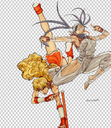 Rule 34 | 2girls, ankle wrap, armor, armpits, black hair, blonde hair, blue eyes, bread slice, breasts, capcom, checkered background, curly hair, final fight, food, food in mouth, genryuusai maki, ibuki (street fighter), japanese armor, jumping, kote, kunai, lips, long hair, medium breasts, mouth hold, multiple girls, muscular, ninja, ponytail, scarf, steven mack, street fighter, street fighter iii (series), toast, toast in mouth, tonfa, torn clothes, torn sleeves, upside-down, vambraces, very long hair, weapon