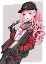 Rule 34 | 1girl, black hat, black jacket, black pants, blunt bangs, blush, cowboy shot, dutch angle, grey background, hand in pocket, hat, highres, holding, holding microphone, hololive, hololive english, jacket, jewelry, long hair, looking at viewer, microphone, midriff, mori calliope, mori calliope (streetwear), multicolored clothes, multicolored jacket, nail polish, navel, necklace, open clothes, open jacket, open mouth, pants, peaked cap, pink eyes, pink hair, pink nails, ponytail, red jacket, ringlets, sidelocks, simple background, skull print, smile, solo, standing, sunako (veera), twitter username, two-tone background, two-tone jacket, virtual youtuber, watermark, white background