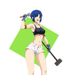 Rule 34 | 1girl, abs, adjustable wrench, armpits, axia-chan, blue eyes, blue gloves, blue hair, breasts, ciel (tsukihime), gloves, hammer, highres, legs, medium breasts, navel, short hair, smile, solo, tattoo, tsukihime, white background, wrench
