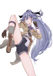 Rule 34 | 1girl, arin (1010 ssu), ascot, attack, belt, belt bag, black ribbon, black shorts, blue eyes, blue hair, boots, bow, brown bag, brown belt, brown bow, brown footwear, brown gloves, brown jacket, clenched hand, clenched teeth, detective, fu hua, fu hua (hawk of the fog), fu hua (valkyrie accipiter), gloves, grey hair, grey socks, hair between eyes, hair ribbon, hairband, hand up, high kick, high ponytail, highres, honkai (series), honkai impact 3rd, jacket, kicking, leg up, long hair, long sleeves, martial arts, monocle, off shoulder, official alternate costume, open clothes, open jacket, ponytail, purple ascot, purple rope, ribbon, rope, shirt, shorts, simple background, socks, solo, standing, standing on one leg, teeth, thighs, v-shaped eyebrows, white background, white shirt