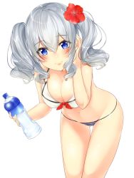 Rule 34 | 10s, 1girl, bad id, bad nicoseiga id, bikini, blue eyes, blush, bottle, breasts, cleavage, flower, front-tie top, hair flower, hair ornament, hibiscus, highres, kantai collection, kashima (kancolle), large breasts, leaning forward, long hair, looking at viewer, navel, nezumi doshi, sidelocks, silver hair, smile, solo, swimsuit, tsurime, twintails, water bottle, wavy hair, white bikini
