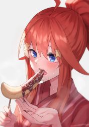 Rule 34 | 1girl, ahoge, amog, banana, blue eyes, chocolate, chocolate syrup, eating, food, fruit, go-toubun no hanayome, hair between eyes, hair ornament, half updo, highres, japanese clothes, kimono, nakano itsuki, open mouth, red hair, red kimono, simple background, solo, sprinkles, star (symbol), star hair ornament, upper body, white background