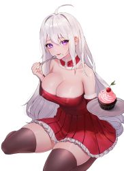 Rule 34 | 1girl, absurdres, ahoge, bare shoulders, black thighhighs, blush, breasts, character request, cherry, cleavage, collar, commentary, commission, copyright request, cupcake, detached sleeves, dress, food, food on face, frilled dress, frills, fruit, gg amang, highres, holding, holding plate, holding spoon, large breasts, looking at viewer, plate, purple eyes, red collar, red dress, silver hair, sitting, solo, spoon, strapless, strapless dress, thighhighs, white background