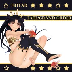 Rule 34 | 1girl, absurdres, barefoot, black hair, breasts, earrings, fate/grand order, fate (series), feet, hair ornament, hair ribbon, highres, hoop earrings, ishtar (fate), jewelry, long hair, looking at viewer, medium breasts, mikicat, red eyes, ribbon, single thighhigh, smile, thighhighs, toes, tohsaka rin