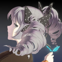 Rule 34 | 1girl, black background, blue butterfly, bow, bronya zaychik, bronya zaychik (wolf&#039;s dawn), brown jacket, bug, butterfly, closed mouth, drill hair, grey eyes, grey hair, hair bow, highres, honkai (series), honkai impact 3rd, insect, jacket, long sleeves, looking at viewer, looking to the side, rafaelaaa, smile, solo, twin drills