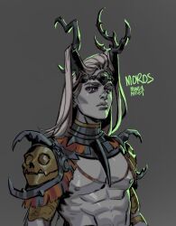 Rule 34 | 1boy, abs, antlers, arm tattoo, bare pectorals, character name, closed mouth, colored skin, gorget, grey background, grey skin, hades (series), hades 2, highres, horns, long hair, looking at viewer, male focus, manda schank, moros (hades), nipples, pectorals, signature, simple background, skull pauldron, solo, tattoo, toned, toned male, upper body, white hair