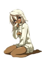 Rule 34 | 1girl, bare legs, barefoot, blonde hair, breasts, dark skin, dark-skinned female, full body, guilty gear, guilty gear xrd, kaname nagi, meme attire, open-chest sweater, ramlethal valentine, simple background, sitting, sleeves past wrists, small breasts, solo, sweater, underboob, white background