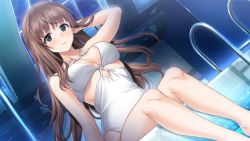 Rule 34 | 1girl, bare arms, bare legs, barefoot, black eyes, blunt bangs, breasts, brown hair, casual one-piece swimsuit, cleavage, closed mouth, collarbone, dutch angle, floating hair, from below, fuyu kiss, game cg, hand in own hair, indoors, long hair, medium breasts, one-piece swimsuit, pool ladder, poolside, shinomiya touka, sitting, smile, solo, straight hair, swimsuit, unasaka ryou, very long hair, white one-piece swimsuit