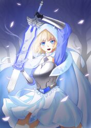 Rule 34 | 1girl, absurdres, black gloves, blonde hair, blue dress, blue eyes, breasts, brown dust 2, chest armor, demon horns, dress, feet out of frame, forest, gloves, glowing, glowing weapon, gobi raito, highres, holding, holding sword, holding weapon, hood, hoodie, horns, jewelry, justia (brown dust), large breasts, lips, looking at viewer, nature, necklace, pearl necklace, short hair, skirt, small horns, solo, sword, teeth, upper teeth only, vambraces, weapon, white hoodie, white skirt