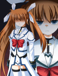 Rule 34 | 00s, 1girl, blank eyes, bow, bowtie, dress, expressionless, hidden eyes, looking at viewer, lyrical nanoha, mahou shoujo lyrical nanoha, mahou shoujo lyrical nanoha strikers, multiple views, odaya, odayan, red bow, red bowtie, shaded face, standing, takamachi nanoha, thighhighs, upper body, white devil, white dress, zettai ryouiki
