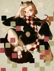 Rule 34 | 1girl, animal ears, bad id, bad pixiv id, brown hair, checkered clothes, checkered scarf, dress, futatsuiwa mamizou, glasses, grin, leaf, leaf on head, pince-nez, raccoon ears, raccoon tail, scarf, short hair, smile, solo, tail, touhou, yujup