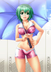 Rule 34 | 10s, 1girl, ayato, bad id, bad pixiv id, breasts, cleavage, covered erect nipples, glasses, green eyes, green hair, hands on own hips, highres, infinite stratos, large breasts, matching hair/eyes, midriff, navel, open mouth, race queen, short hair, shorts, sleeveless, smile, solo, umbrella, yamada maya (infinite stratos)