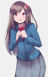 Rule 34 | 1girl, absurdres, blazer, blue jacket, blush, bow, brown hair, collared shirt, commentary, d:, gar32, grey background, grey skirt, hair between eyes, hair ornament, hands up, highres, hitori bocchi, hitoribocchi no marumaru seikatsu, jacket, long hair, long sleeves, one side up, open mouth, pleated skirt, red bow, red eyes, round teeth, school uniform, shirt, signature, simple background, skirt, solo, swept bangs, tears, teeth, upper teeth only, very long hair, white shirt