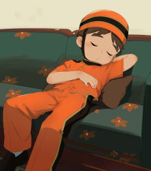 Rule 34 | 1boy, acnhiti, black footwear, brown pillow, child, closed eyes, commentary, couch, indoors, male focus, on couch, orange headwear, orange pants, orange shirt, original, pants, shirt, sleeping, solo, symbol-only commentary, white background