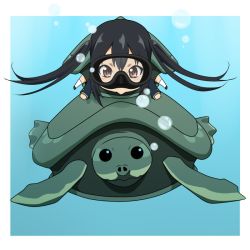 Rule 34 | :&gt;, black hair, blush, brown eyes, chibi, diving mask, diving mask on eyes, goggles, k-on!, nakano azusa, school uniform, shell, swimming, ton-chan, turtle, twintails, underwater