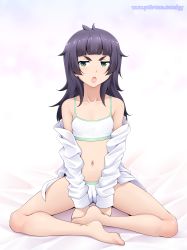 Rule 34 | 1girl, absurdres, barefoot, black hair, blush, bra, breasts, cameltoe, cleft of venus, coat, collarbone, geewhy, green eyes, highres, hiyajou maho, indian style, lab coat, long hair, looking at viewer, messy hair, off shoulder, open clothes, open coat, open mouth, panties, patreon username, simple background, sitting, small breasts, solo, steins;gate, steins;gate 0, thick eyebrows, training bra, underwear, watermark, web address, white background