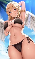 Rule 34 | 1girl, :q, absurdres, arm up, armlet, armpits, bare shoulders, bikini, black bikini, blonde hair, blue eyes, blush, breasts, commission, day, hair ornament, highres, indie virtual youtuber, kirari haruka, large breasts, long hair, looking at viewer, navel, outdoors, renetan, side-tie bikini bottom, smile, solo, stomach, swimsuit, tongue, tongue out, underboob, virtual youtuber, wings