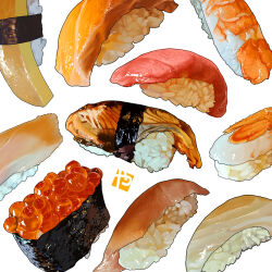 Rule 34 | fish (food), food, food focus, ikura (food), leaf, no humans, original, realistic, rice, salmon, shrimp, studiolg, sushi, white background