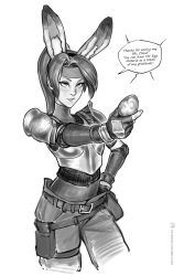 Rule 34 | 1girl, animal ears, armor, bbc-chan, boobplate, breastplate, breasts, rabbit ears, easter, egg, english text, fake animal ears, final fantasy, final fantasy vii, final fantasy vii remake, fishnet top, fishnets, food, greyscale, hand on own hip, headband, highres, holding, holding egg, holding food, holster, impossible armor, jessie rasberry, leotard, leotard under clothes, monochrome, pants, pauldrons, ponytail, sexually suggestive, shoulder armor, small breasts, solo, speech bubble, sperm cell, thigh holster