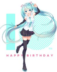 Rule 34 | 1girl, absurdres, anniversary, aqua hair, bad id, bad pixiv id, black footwear, black skirt, black thighhighs, blue eyes, blue necktie, blush, boots, detached sleeves, floating hair, full body, hair between eyes, hamalu, happy birthday, hatsune miku, highres, long hair, looking at viewer, necktie, open mouth, shirt, skirt, sleeveless, sleeveless shirt, smile, solo, teeth, thigh boots, thighhighs, twintails, very long hair, vocaloid, white shirt