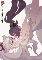 Rule 34 | 2girls, animal ears, arm up, artist name, ass, black bow, blush, bow, breasts, brown hair, closed eyes, closed mouth, dated, female focus, furry, furry female, green ribbon, grey hair, hair bow, hair ribbon, hakurou (onmyoji), hand on another&#039;s face, hand up, high ponytail, interspecies, lin mzhh, long hair, medium breasts, multiple girls, nose blush, nude, onmyoji, open mouth, ponytail, ribbon, shiny skin, signature, simple background, small breasts, tail, upside-down, white background, ying grass, yuri