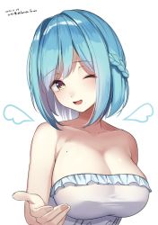 Rule 34 | 1girl, ;d, blue hair, blush, braid, breasts, brown eyes, cleavage, commentary request, dated, detached wings, dress, frilled dress, frills, hand up, highres, hirota fruit, large breasts, looking at viewer, mini wings, moira (nijisanji), mole, mole on breast, mole under mouth, nijisanji, one eye closed, open mouth, short hair, signature, simple background, smile, solo, strapless, strapless dress, twitter username, upper body, virtual youtuber, white background, white dress, wings
