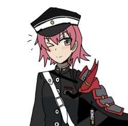 Rule 34 | 1girl, alternate costume, azur lane, blush, character name, commentary request, cosplay, hat, kantai collection, kinu (azur lane), kinu (azur lane) (cosplay), kinu (kancolle), looking at viewer, name connection, one eye closed, peaked cap, red eyes, red hair, saban (akkun-ucchii), short hair, smile, solo, upper body