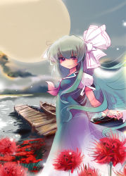 Rule 34 | 1girl, bad id, bad pixiv id, ex-keine, female focus, flower, full moon, green hair, holding hands, horns, kamishirasawa keine, long hair, moon, nature, outdoors, red eyes, sky, solo, solo focus, spider lily, standing, touhou, usoneko, very long hair