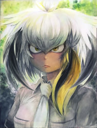 Rule 34 | 1girl, bird wings, blonde hair, breast pocket, breasts, collared shirt, colored pencil (medium), commentary request, feathered wings, grey hair, grey shirt, hair between eyes, head wings, highres, kemono friends, long hair, looking at viewer, medium breasts, multicolored hair, necktie, pocket, portrait, shirt, shoebill (kemono friends), sidelocks, solo, traditional media, white necktie, wings, yellow eyes, yukiman